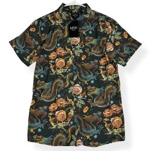 Boohoo Man Button Down Shirt Mens M Medium Dragon Print Black NWT